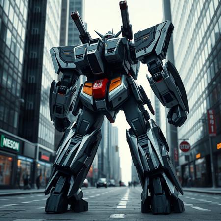 Gundam, a mecha-style mech with a black and silver color scheme, stands in the city streets at a giant size, with weapons on its back. The close-up view of the full body has a sci-fi feel, with cool tones, a metallic texture, and a wide-angle lens creating high contrast and a cool light effect. This high-resolution photography showcases the high level of detail and hyper-realistic, photo-realistic quality of the 3D rendering in full HD.