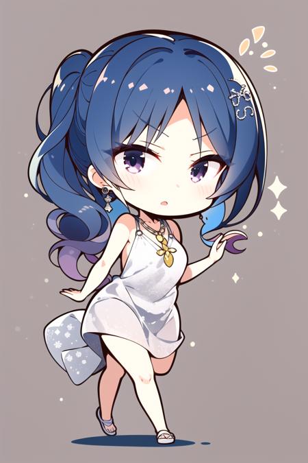 masterpiece, best quality, 1girl, <lora:yuzusoft-chibi:1>, solo, chibi, simple background, dynamic pose, st. louis \(luxurious wheels\) \(azur lane\), hair ornament, earrings, necklace, silver dress, revealing clothes, looking at viewer, solo,  <lora:stLouisLuxuriousWheels_v1:1>