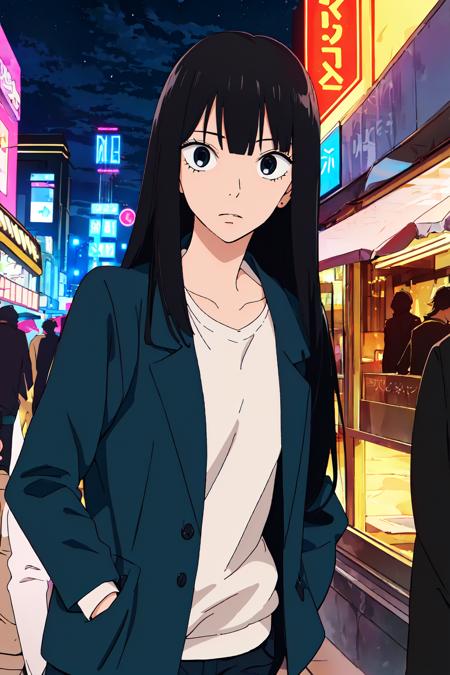 ((best quality)),((highly detailed)),masterpiece,absurdres,detailed face,beautiful face,((detailed eyes, deep eyes)),(1girl),((dynamic pose)), <lora:SawakoV1:0.8>sawako, black hair, long hair,  black eyes,  bangs, blunt bangs, hime cut,jacket, walking, at night, (eyes looking away from the viewer:1.3, looking away from viewer:1.3), ripped jeans, hands in pocket, nighttime, city streets, neon signs, crowd behind,