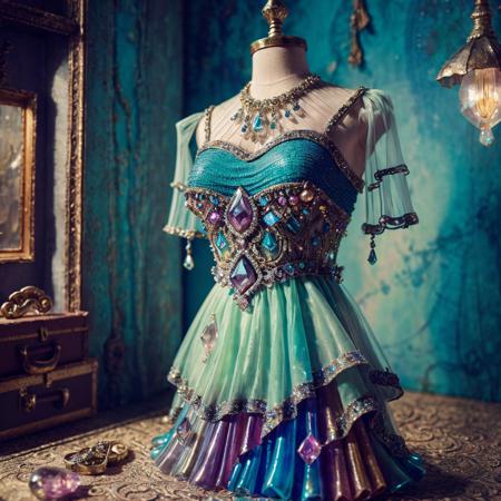 dress transparent, gem, details, detailed scene, magical items, highly detailed scene, masterpiece, 3D, sculptural, textured, handmade, vibrant, fun,  Textured, distressed, vintage, edgy, punk rock vibe, dirty, noisy