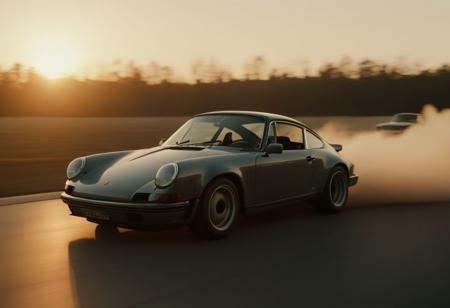 cinematic photo of a fast moving drifting classic Porsche 911 at sunrise, motion blur, moving tires, Movie Still, Film Still, Cinematic, Cinematic Shot, Cinematic Lighting