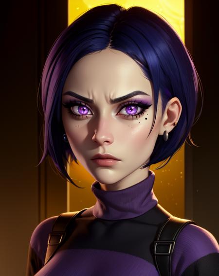 TakHuman, short blue hair, small earrings, purple eyes, serious look, mole under eye, 
standing, upper body, mean expression, 
striped sweater with logo, turtleneck, pelvic curtain, 
dark lab, purple lighting, lab tech,
(insanely detailed, beautiful detailed face,beautiful detailed eyes, masterpiece, best quality) 
 <lora:TakHuman-10v6:0.7>