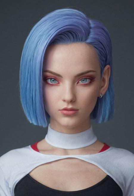 a woman, sysdeep_android18, blue hair with pink tips, purple eyes, white skin, red bodysuit, portrait