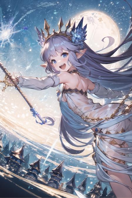 masterpiece,best quality,detailed, <lora:lily-Counterfeit-V3.0:1>, solo, 1girl, field of deapth, lily_\(granblue_fantasy\), granblue fantasy, pointy ears, shilver hair, very long hair, hair ornament, blue eyes, small breasts, collarbone, outstretched arms, white dress, skirt, black thighhighs, black elbow gloves, smile, looking at viewer, winter, holding staff, dynamic perspective,