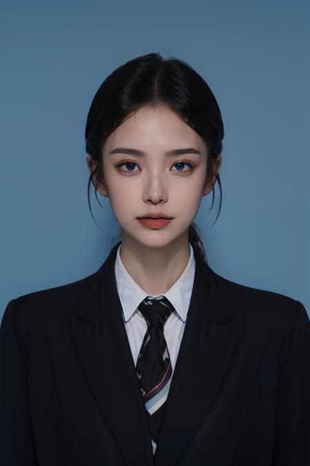 <lora:id photo:0.7>,blue id photo,1girl,necktie,solo,female faces,black hair,black necktie,shirt,jacket,looking at viewer,(black jacket:1.3),formal,white shirt,collared shirt,(suit:1.2),upper body,short hair,(black suit:1.5),realistic,blue background,pure blue background,