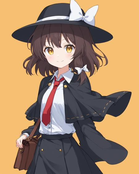 usami renko,1girl, solo, black_capelet, black_skirt, red_necktie, black_headwear, white_shirt, white_bow, simple_background, smile, hat_bow, looking_at_viewer, long_sleeves, hair_bow, closed_mouth, buttons, shoulder_bag, fedora, collared_shirt, puffy_sleeves, yellow_background, cowboy_shot, standing, orange_background
<lora:usami_renko_image1360_2023-12-20-000010:1>,star-shaped_pupils,symbol-shaped_pupils,. gorgeous,key visual, vibrant, studio anime,award-winning, professional, highly detailed,high budget, cinemascope