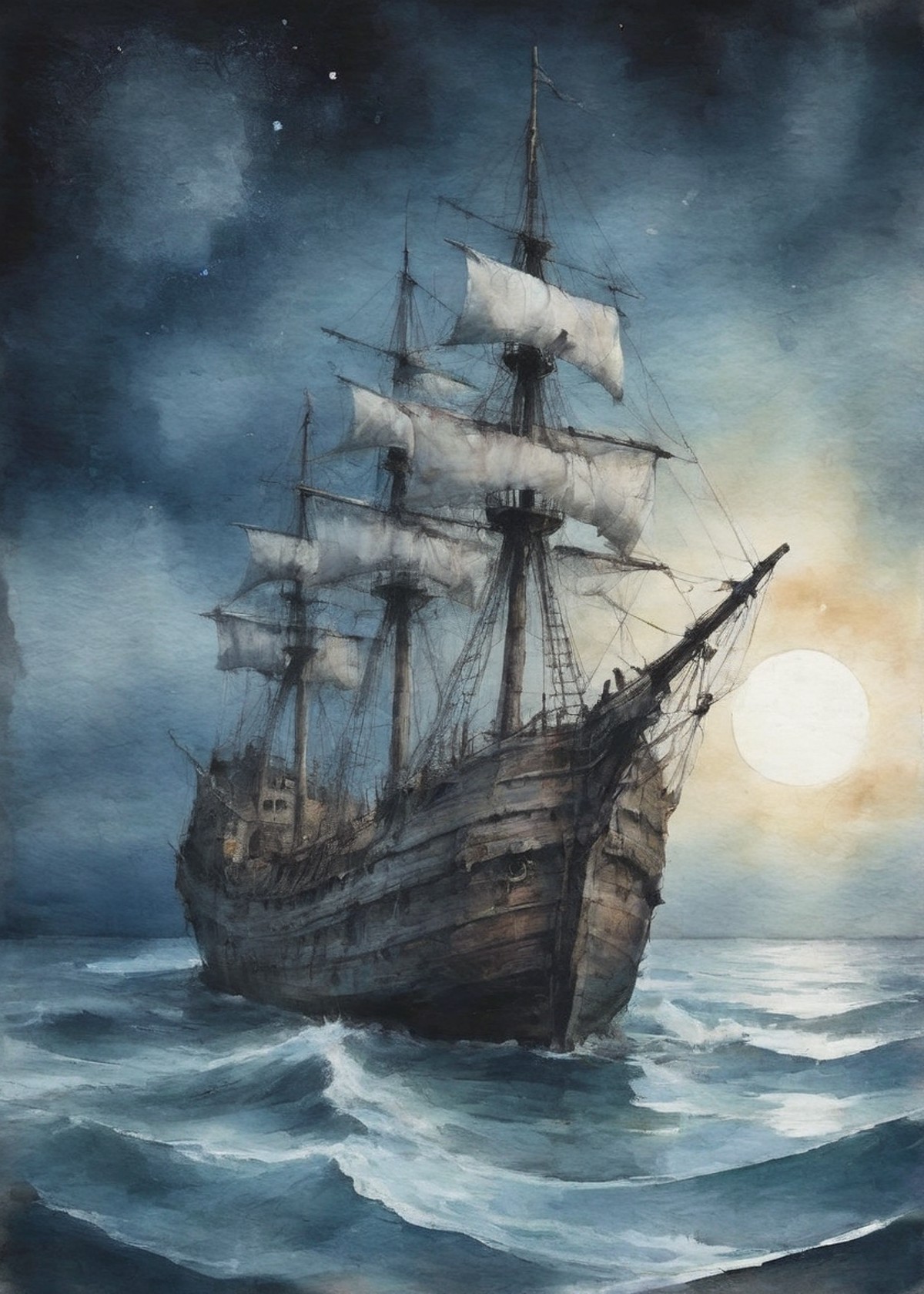 A ghost ship adrift in a moonlit sea, its tattered sails whispering secrets of the past