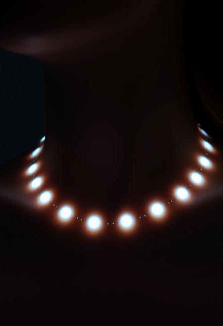 subdermal LED collar necklace, (internal LED glow:1.8), (embedded LEDs:1.7) forming uniform, evenly spaced glowing circles beneath the skin, (radiant light points:1.6) following the natural curve of the neck, mimicking the elegant pattern of a classic collar necklace, soft light diffusing smoothly through the skin, (glowing circular accents:1.6), high-definition, (ultra-realistic skin texture:1.8), glowing circles forming a timeless collar-like design, perfect for both formal and casual wear, (worn necklace:-1.8), (visible pearls:-1.8), (clunky design:-1.5), seamlessly integrated light beneath the skin, radiant yet minimalist elegance, smooth light transitions