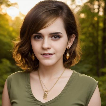 closeup picture, best quality, a 25yo beautiful EW<lora:EW:1.0>, short hair, looking at viewer, brown hair, closed mouth, forest st sunset background, jeand and t-shirt, golden pendant, small earrings, realistic, 8k, hdr