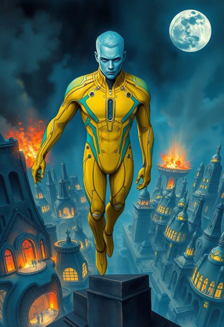 1boy, blue skinned, aged 30 (full body, facing camera, from below). Futuristic fashion, a golden yellow and teal  high tech bodysuit , it is form fitting with an open face design. the man has pale blue skin and is muscular and has an athletic  form , the hero is flying above a futuristic alien city that is very idyllic and made of numerous organic shaped buildings , Charcoal and colourful oil pastels. impressionistic bidimensional, standing on a rooftop looking down at a city under siege, fires, gunfights, people running. Parts of the city are on fire night time. Fires illuminate dark parts of the city. A building explodes in the background. Broken moon in the night sky.
faded watercolours Klimt  dadaistic collage by Bill Sienkiewicz, strikingly alluring face. brilliant spotlight effect. Vibrant thick dripping paint. Intense detail, realistic, dynamic shadows and contrasts. Deep rich colours contrast against the dull muted background.