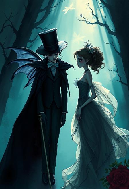 Strong hard light, cool color palette of blues, greens, and purples, cinematic composition featuring adorable elegant figures in a Macabre dark fantasy setting, vintage glamour, polished brushwork, harsh shadows, nostalgic romantic atmosphere.