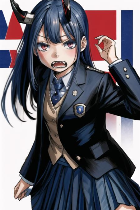 Aoki_Ruri blue_hair,red_eyes, black_ blazer, blue_bowtie, collared_shirts,skirt, fangs, horns, long_sleeves, school_uniform, sharp_teeth,