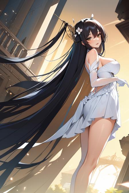 idmsd, absurdly long hair, antlers, hair on antlers, hair flower, necktie, white dress, clothing cutout, white elbow gloves, idmd, absurdly long hair, maid headress, frilled choker, center opening, cleavage cutout, frilled armband, black skirt, pantyhose, crotch cutout, black footwear