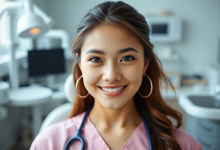 medium shot, symmetrical front view of a Beautiful real young woman, pink clinic uniform, dental work space at the background