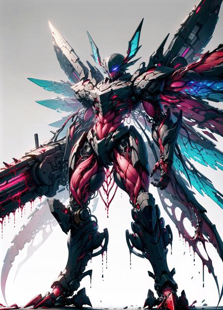 detailed, ultra-detailed, masterpiece, 8k wallpaper,<lora:BIOMECHA:1>
  , (bio mecha:1.5),(mecha:1.4),
, (muscle:1.3), (muscle tissue:1.5), (colorful mecha:1.4)
, no humans,glowing wings, mecha, solo,size difference,huge weapon,chainsaw, science fiction, simple background, standing, mechanical wings, glowing,from below, blood,broken,damaged, dirty,