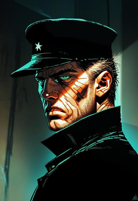 score_9, score_8_up, score_7_up, score_6_up, 1boy, cowboy shot, futuristic admiral, hat, green eyes, masculine, strong body, tired eyes, scifi uniform, pale skin,
determined look on face,
looking back,
looking at viewer,
eye contact, 
expressive,
indoors, bridge of a star destroyer, 
black linework,