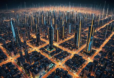 A sprawling cityscape built entirely from chip elements — skyscrapers made of vertical resistors, streets glowing like bus lines, and glowing vias linking neighborhoods. Hovering drones resemble flying ICs, while traffic flows in rhythmic pulses of LED color. The sky flickers with data clouds. Ultra-wide futuristic view, architectural precision, complexity inspired by electronics layout.
