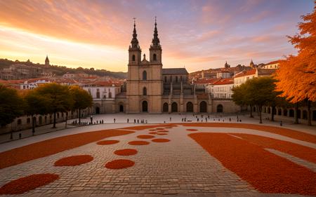 panorama,A serene autumn evening at the Cathedral of Santiago de Compostela, with vibrant orange and red leaves scattered on the cobblestone plaza, warm golden light illuminating the intricate stonework, and soft shadows enhancing the majestic facade, creating a tranquil atmosphere,, sweeping landscapes, unique perspectives, epic scale, revealing hidden beauty, showcasing vastness, immersive experience, precise compositions, expert piloting, dynamic angles, cinematic storytelling, showcasing natural wonders, aerial exploration