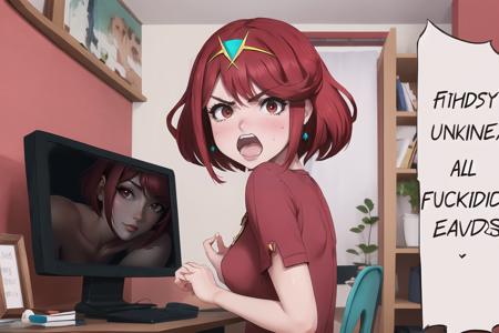 Highly detailed, High Quality, Masterpiece, beautiful, 1girl, ItsAllFuckingLewdsMeme, monitor, blush, angry, open mouth, <lora:ItsAllFuckingLewdsMeme:1>, Pyra \(xenoblade\), Pyra:1.2, red hair, red eyes, short hair, <lora:Char_Xenoblade_PyraMythraPneuma:0.5>