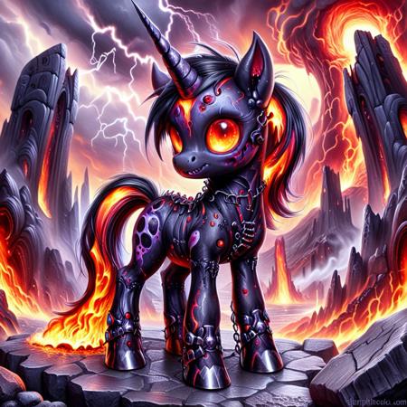 Watercolor painting  <lora:Dark-Cute-Ponies:1> drkpny, <lora:420Futurism:0.7> 420futurism, cute futuristic pony, ultra-realistic, full-body shot of a demonic pony, towering with obsidian-black skeletal armor fused with molten veins of liquid fire, glowing crimson eyes radiating malevolent energy, massive jagged horns crackling with infernal lightning, standing on the brimstone edge of a lava-filled abyss, rivers of molten magma flowing beneath its hooves, volcanic eruptions illuminating the sky with apocalyptic red and orange hues, masterpiece, highly detailed, ultra resolution, hellish smoke swirling in the air, burning sigils carved into stone pillars, twisted demonic creatures lurking in the flames, deep cinematic lighting casting ominous shadows, looking at the viewer with an eerie smirk, heat waves distorting the surroundings, ember sparks drifting through the air, scorched metal chains hanging from jagged rock formations. . Vibrant, beautiful, painterly, detailed, textural, artistic