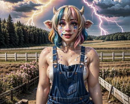 (not_furry:1.3), (human_focus:1.2), female, bimbofication, (girly:1.2), animal_ears, small_breasts, (latex|overalls:1.2), (colorful:1.1), cosplay, (bovine_humanoid:1.3), farm, outside, (white_skin:1.3), multicolored_hair, (clown_makeup:1.1), lightning, fantasy, medieval, (magic:_the_gathering:1), (official_art:1.3), (digital_painting_\(artwork\):1.1), <lora:clowncore:0.5>