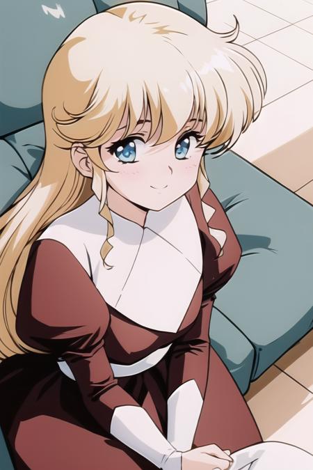 masterpiece, best quality, high-res, lounge, perfect lighting, POV, 
illies, 1girl, solo, blonde hair, long hair, blue eyes, large breasts, 1990s \(style\), retro artstyle,
happy, smile, blush, v arms, red dress, long sleeve, puffy sleeves, looking up at viewer, 
sitting on sofa, upper body, from above<lora:illies_plastic_little_v2.1:0.9> <lora:GoodHands-vanilla:1>