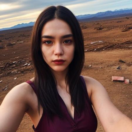 A selfie style photo of the last 25 year old woman from the last day of human kind on earth, extremely detailed, apocalypse, end of times