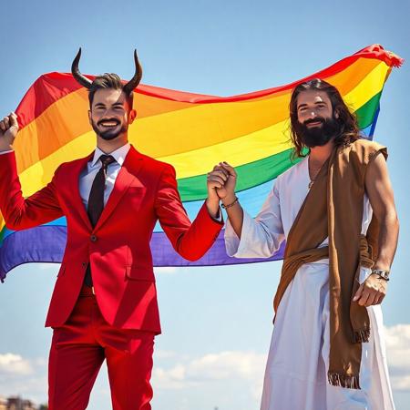 2 happy men holding hands, sunny, outdoors, the two men are holding up a rainbow colored flag together, (two men holding hands:1.1), realistic photo masterpiece, high quality, detailed, gay,
BREAK,
The man on the left is attractive and well dressed in an expensive red suit and tie, the man on the left has goat horns at his temples, the man on the left has nice hair, the man on the left has a mustache and goatee but no other facial hair, the man on the left is cosplaying as the devil,
BREAK,
the man on the right is the typical depiction of jesus christ, The man on the right has long brown hair and a full beard, the man on the right is wearing a white robe and brown sash, 
BREAK
The two men are happy, proud, holding hands, in love, (gay pride, rainbow flag:1.2)