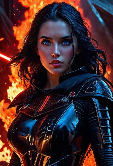 High resolution ultra-realistic of Beautiful Dark Sith girl, 8k, capturing the intensity of the moment, cinematic lighting, standing on a bloody and turbulent battlefield in a bloody battle, wavy black hair, realistic dirty pale face, realistic blue eyes, beautiful hourglass figure, burning in a Star Wars Town, intricately designed cloth dirty black-red robes, Star Wars Aesthetic, perfect athletic figure, beautiful Dark Sith Knightess, ultra realistic, cinematic style, vigorous and seductive, athletic figure, Star Wars style, dramatic lighting, wet and sweaty skin, dirty skin, athletic figure, dark fantasy, dramatic lighting, Greg Rutkowski style, Dark Sith Knightess on in Jedi dress, hyper-detailed, hyper-realistic, natural light, extremely intricate details, masterpiece, epic, bright colours, Attractive 21 old years girl, Attractive, beautiful firm Breasts, sharp focus, digital painting, Photograph Taken on Nikon D750, Alphonse Mucha, 8K, athletic figure, Hyperdetailed, hyperrealism, Attractive, Attractive bust girl, asymmetric balance