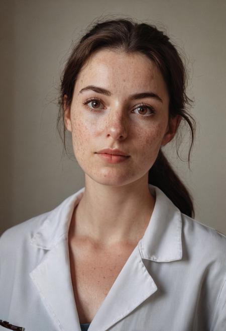 An beautiful 35mm photo of a 30 year old Dutch woman, ((nurse outfit)), she has a comely face, pale skin, very dark eyes, chocolate brown hair, straight hair, 70's fringe, ponytail, beautiful mouth, long face, narrow chin, freckles on nose, she is slim, medium tits, natural tits, perfectly shaped tits, pubic hair, ultra realistic, extremely detailed, highly detailed eyes, realistic eyes, highly detailed skin, realistic skin, Rembrandt style light, 8k resolution, masterpiece, 35mm, Hasselblad, film grain, ((Photorealistic:1))
