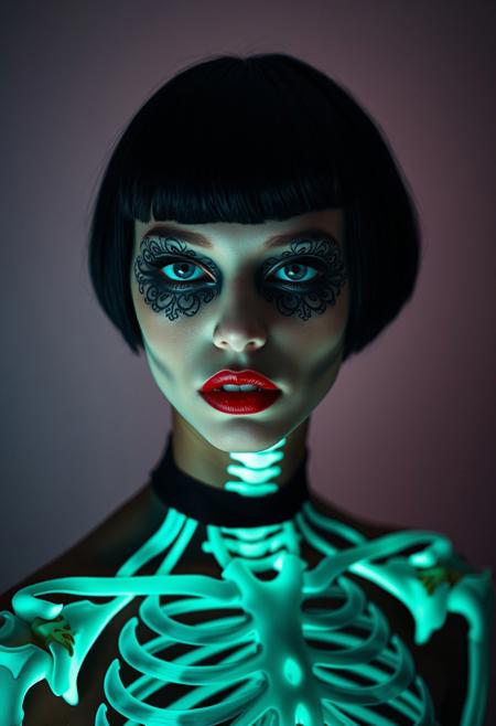 Avant garde, three-quarter view, portrait of an 18-years-old girl, fair skin, dark makeup, dark red lipstick. black bob.
Simmetrical, mask shaped, pattern filigree black paint around her eyes.
Her body is that of a bioluminescent skeleton.
A spotlight illuminates her face