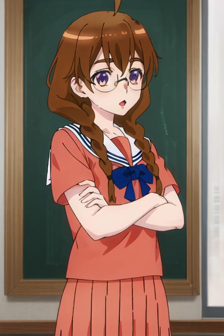 best quality, masterpiece, highres, solo, {sekine_4ninwasorezoreusootsuku:1.15}, brown_hair, glasses, braid, twin_braids, long_hair, ahoge, purple_eyes, serafuku, brown_eyes, 1girl, anime_coloring, school_uniform, open_mouth