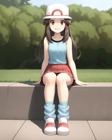 <lora:Leaf3:0.8> lf, blue shirt, red skirt, white headwear, sleeveless shirt, brown eyes, loose socks, white shoes, sitting, full body, smile