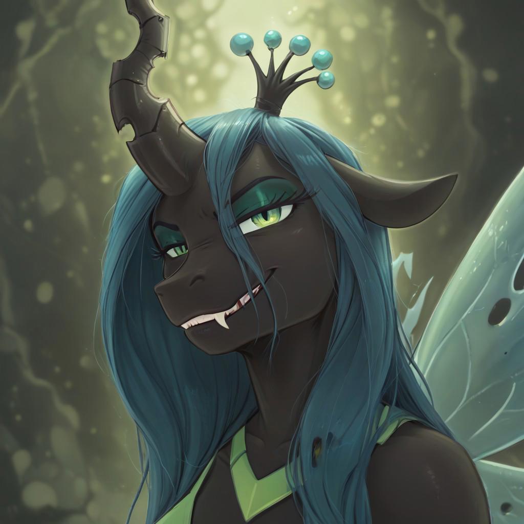 (score_9), anthro changeling, anthro queen chrysalis, smirk,