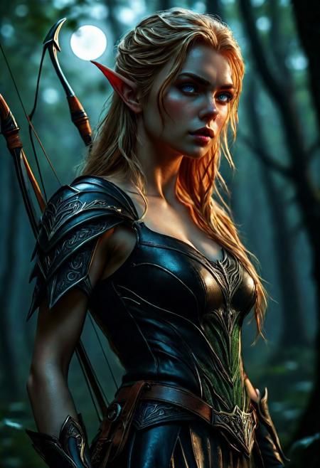 High resolution of ultra-realistic Beautiful Elven Archer girl, ultra-realistic body, perfect athletic body, Attractive Elf girl, artgem, WLOP, standing in the middle of a dark forest, beautiful Sadie Sink as Elf Archer girl, night of the full moon, realistic elven leather armour, defiant and seductive, covered in dirty and blood, cinematic colors Lighting, extremely detailed, 8K, wavy blonde hair, realistic dirty pale face, realistic blue eyes, beautiful Elf girl on in dark fantasy cool outfit, hyper-detailed, hyper-realistic, Attractive 21 old years Elf woman, Attractive, beautiful firm Breasts, wet and sweaty skin, Dark fantasy style, Dark fantasy atmosphere, sharp focus, digital painting, Photograph Taken on Nikon D750, Alphonse Mucha, 8K, athletic figure, Hyperdetailed, hyperrealism, attractive woman, beautiful woman of athletic body, Attractive bust girl, asymmetric balance