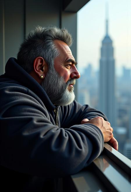 3d cgi scifi film, movie still photograph in portrait orientation, bara manga style, set in a dark setting accented by rimlight. Hugo: A 55-year-old muscle-bear, standing tall at 185cm, is characterized by his stocky build and big belly. He has a grayish beard, short salt and pepper hair, a wide face with a double chin, hairy arms, and a unique wide crooked nose. A golden earring shines from his right ear. Clad in a cozy flannel shirt, his presence reflects that of an architect or a knowledgeable university professor. Pose: Hugo leans over a balcony rail, deeply engrossed in the breathtaking view of a blame! Megastructure-inspired metropolis.