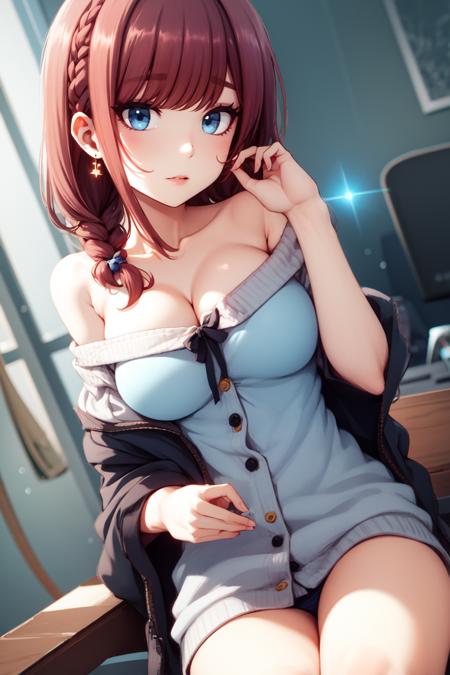 (masterpiece, best quality, ultra-detailed), (beautiful detailed face, beautiful detailed eyes, volumetric lighting),
1girl, solo, (dutch angle:1.2), 
dutch braid hair, BREAK dark red hair, BREAK (grey-blue eyes:1.1), large breasts, 
earrings, BREAK grey-blue outerwear, BREAK (peach off-shoulder shirt),
mksks style, (beautiful detailed ravine at  evening:1.2), (light particles, lens flare, chromatic aberration:1.2),