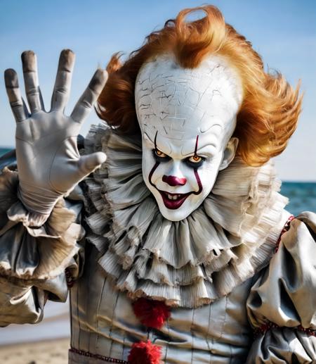 close up portrait of pennywise a creepy clown  saying hi with his hand,  at the beach swimming in the water <lora:Pennywise:0.7>  sunny day,