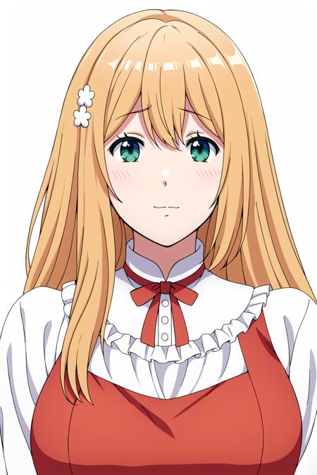 Simple White Background,
red and white dress,red ribbon, frills,long sleeves,
<lora:Charlotte_Evans_Disgraced-KK77-V1:0.7>,hair ornament, 
bangs, blonde hair,long hair, Green Eyes,
<lora:Oda_Non_Style-KK77-V2:0.3>,<lora:more_details:0.1>,
1 girl, 20yo,Young female,Beautiful Finger,Beautiful long legs,Beautiful body,
Beautiful Nose,Beautiful character design, perfect eyes, perfect face,expressive eyes,perfect balance,
looking at viewer,(Focus on her face),closed mouth, (innocent_big_eyes:1.0),(Light_Smile:0.3),
official art,extremely detailed CG unity 8k wallpaper, perfect lighting,Colorful, Bright_Front_face_Lighting,White skin,
(masterpiece:1.0),(best_quality:1.0), ultra high res,4K,ultra-detailed,
photography, 8K, HDR, highres, absurdres:1.2, Kodak portra 400, film grain, blurry background, bokeh:1.2, lens flare, (vibrant_color:1.2),professional photograph,
(Beautiful,large_Breasts:1.4), (beautiful_face:1.5),(narrow_waist),