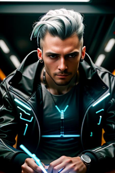 A photo of a stoic cyberpunk hacker male, with slicked-back silver hair and cybernetic enhancements visible on his face. He wears a black trench coat adorned with glowing circuit patterns. The backdrop is a dimly lit, high-tech control room, filled with screens displaying intricate codes and data streams. The atmosphere is filled with an air of mystery and intrigue. The camera is positioned at a medium distance, capturing his focused expression as he works his digital magic.
<lora:CyberPunk4:0.4>