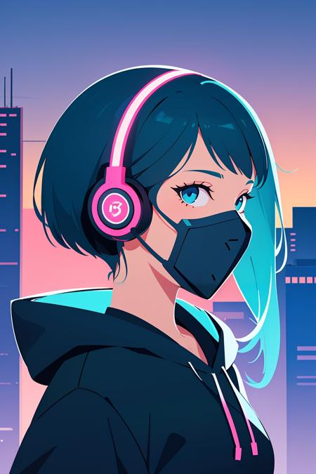 Comic style, illustration, line art style, (frontal view, facing viewer:1.2), centered, masterpiece, face portrait, | 1girl, solo, aqua hair color, short hairstyle, light blue eyes, | (neon wireless headphones headset:1), (black neon futuristic mouth mask:1), dark blue hoodie, sunset, buildings, urban scenery, depth of field,futuristic city lights, neon lights | bokeh,<lora:GoodHands-vanilla:1>,