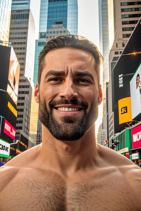 RAW photo, (close up photo:1.2) of gigachad, wearing shorts, posing for the camera,in times square, (solo:1.1), 8k uhd, dslr, high quality, film grain, Fujifilm XT3 <lora:Gigachadv1:0.7>