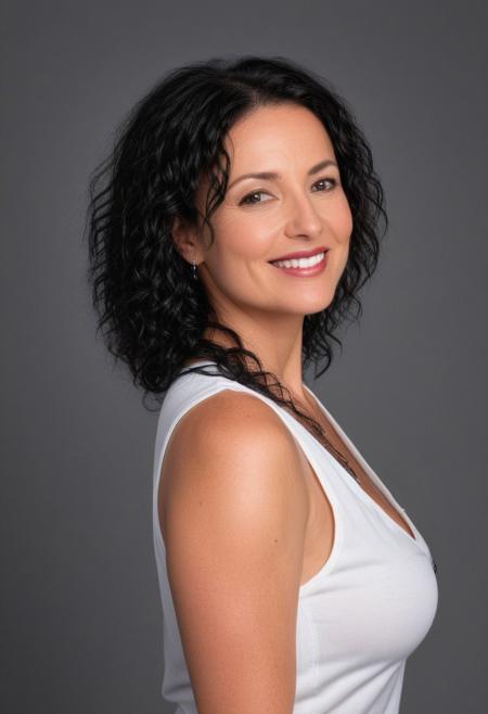 A black and white photograph of an attractive, curvy mature 40 year old woman with curly black hair. She is wearing a white thin tank top and has medium-length, smiling softly while slightly looking up to the right side. The background is a black studio. The image is ultra-detailed and was captured with a Sony A7R IV and an 85mm f/2 lens at ISO400, with the aperture wide open to create a cinematic look. hourglass body shape