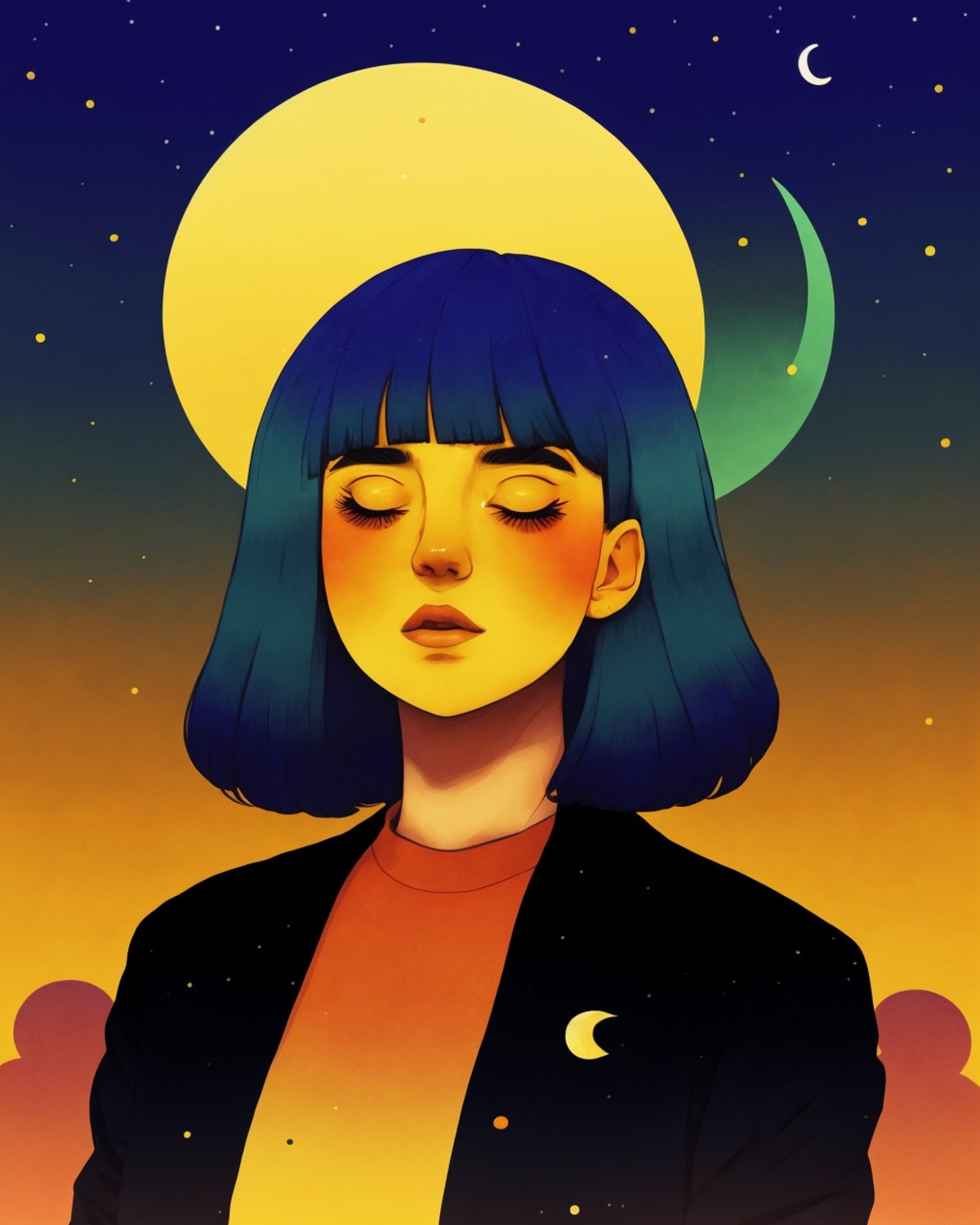 1girl, bangs, black jacket, blue hair, crescent moon, evening, ginkgo leaf, gradient, gradient background, gradient sky, j...