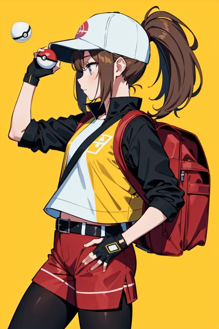 (extremely detailed CG unity 8k wallpaper),(masterpiece),(best quality),(ultra-detailed),(best illustration),(best shadow),(absurdres),  <lora:Female_PokemonGO-00040:0.7>Trainer, 1girl, hat, poke ball, solo, female protagonist (pokemon go), brown hair, ponytail, gloves, fingerless gloves, baseball cap, holding poke ball, leggings, holding, poke ball (basic), long hair, bag, belt, shorts, backpack, cropped jacket, black gloves, adjusting clothes, profile, yellow background, jacket, simple background