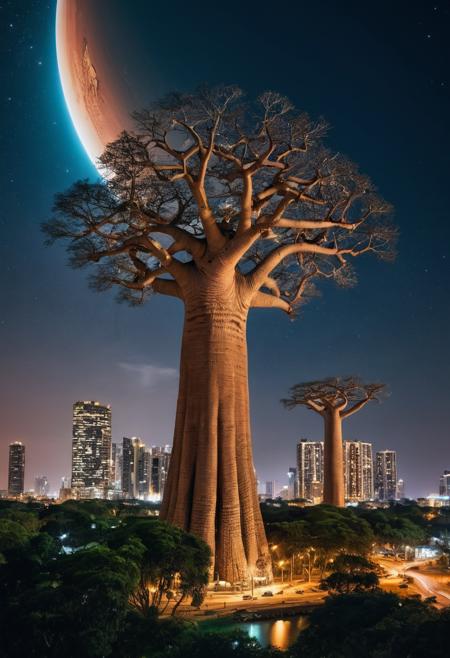 nightly photo: (three 3(artificial baobab-tree skyscrapers buildings):1.5 are standing in middle of a futuristic dense city, on a harbor valley, (nightly photo of A (((small planet:1.5))) floating in the sky , and (((another huge planet:1.6))) also seen on sky the covering more than half of the background sky):3, rule of two third with 2/3 of sky in the photography,( straight and accurate geometry:1.3), geometrically perfect lines and curves, and shapes, the architecture looks alike a baobab tree big trunk and multiple tiny spreading up branches architecture, [baobab-like-skyscrapers], anti-gravity technology, cinematic lighting, nightly photography
