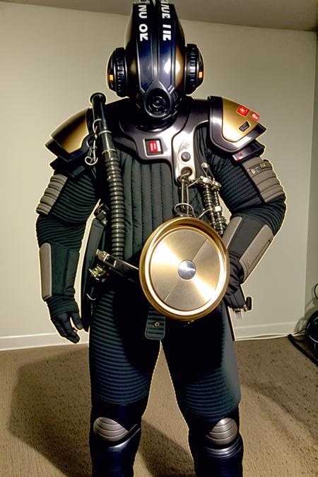 a man in a space suit with a helmet and a gas mask , solo, standing, full body, no humans, helmet, robot, mecha, machinery, science fiction, realistic, cable