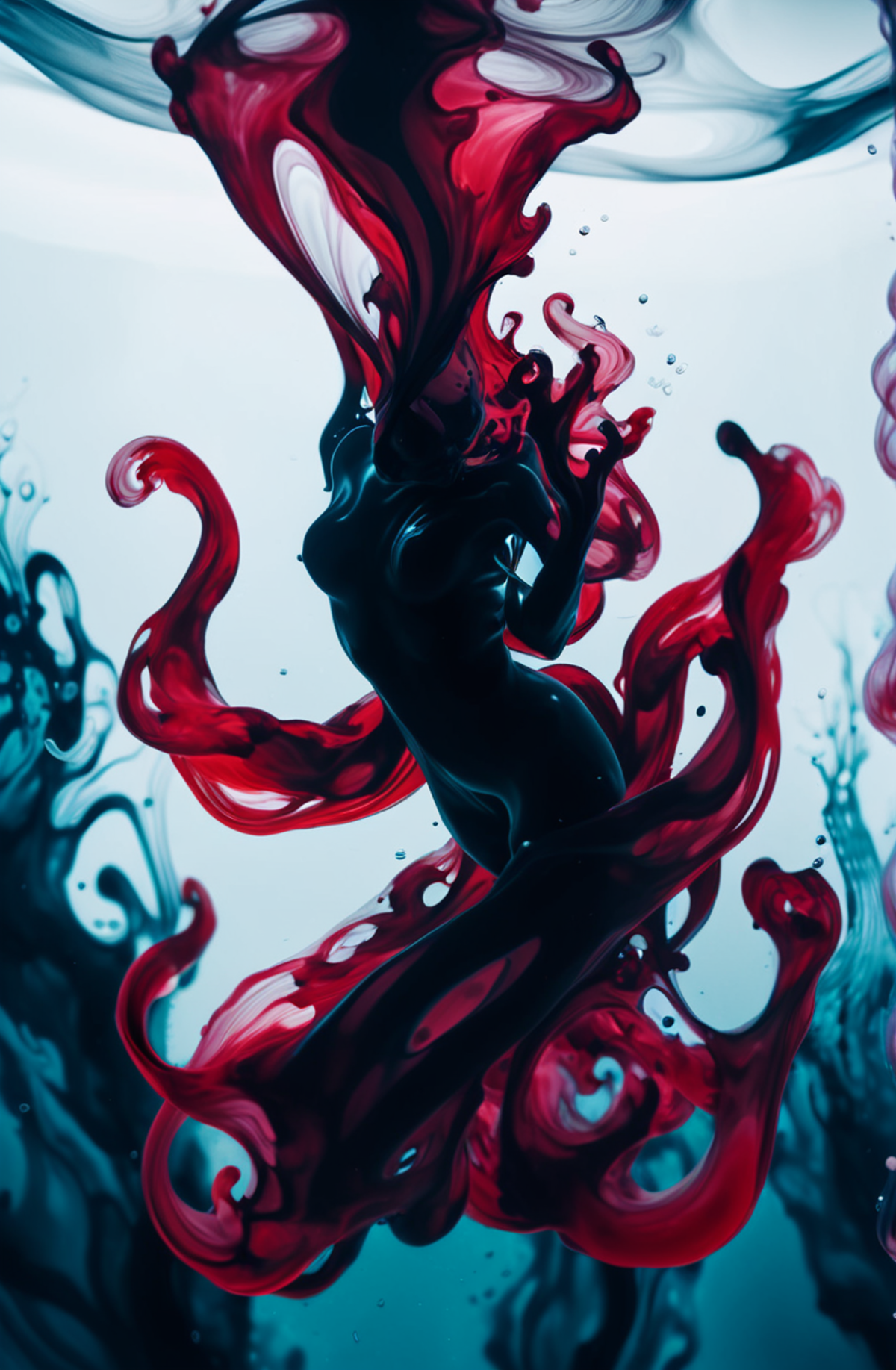 photograph, cinematic color grading, <lora:EnvyInkSwirlXL01:1>shadowdancer made of subsurface scattering  red swirling ink...