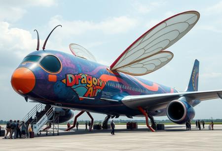 A gigantic plane shaped like a dragon fly with actual working dragonfly wings on top that are buzzing. Plane port windows in a row on the tail for the passengers. A big bug head for the front of the plane that is actually all glass for the pilots.  A door on the side that has one stairwell to the ground that is very functional where people with luggage wait in a single line to board. The plane is very funky and futuristic but still is half alive bug which is very happy and capable of flying all these people very safely. There are no wheels only lean muscle bug legs holding the plane up. The paint is psychedelic and very shiny. On the side of the plane is written in bold letters "Dragon Air" ((masterpiece:1.2)), ((best quality:1.2)), ((intricate detailed)), ((Hyper realistic)), absurd res, perspective, dynamic angle, highly detailed, extreme focus