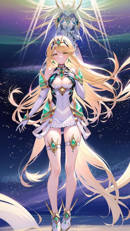 1girl, breasts, mythra (xenoblade), long hair, blonde hair, yellow eyes, large breasts, gloves, cleavage, solo, jewelry, dress, bangs, tiara, earrings, bare shoulders, cleavage cutout, clothing cutout, thigh strap, elbow gloves, short dress, swept bangs, bare legs, very long hair, white gloves, white dress, blush, white footwear, headpiece, gem, armor, smile, <lora:HikariXenoV2.0:0.8>, hikariXenoII, full body, night sky, dark, stars, starry sky, milky way, lights, light particles, fairy, standing on beach, sand,